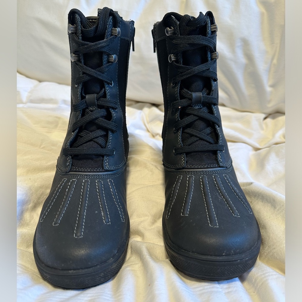 Clarks Carima Luna Black Leather Rubber Fabric Zip Lace Up Boots Size 7M